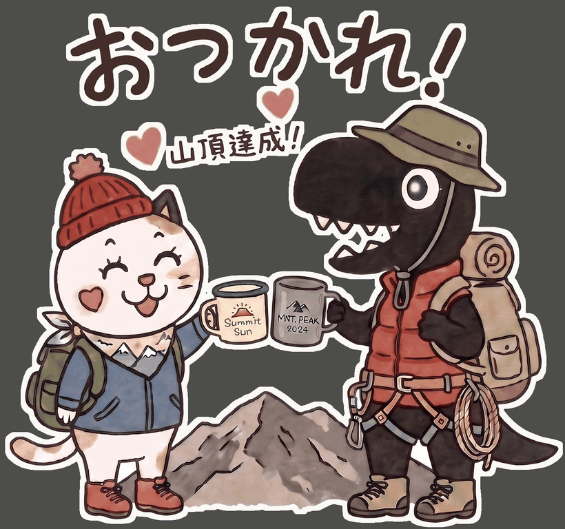 おつかれ！アクリルキーホルダーの絵柄。ネコと恐竜がマグを合わせている